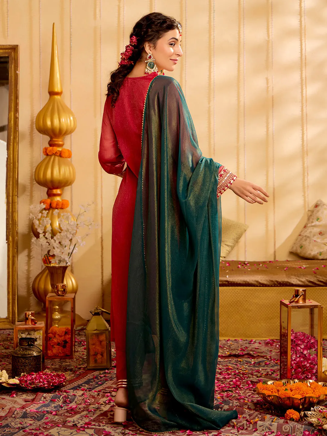 Red Zari Work Embroidered Festive Kurta Set With Dupatta