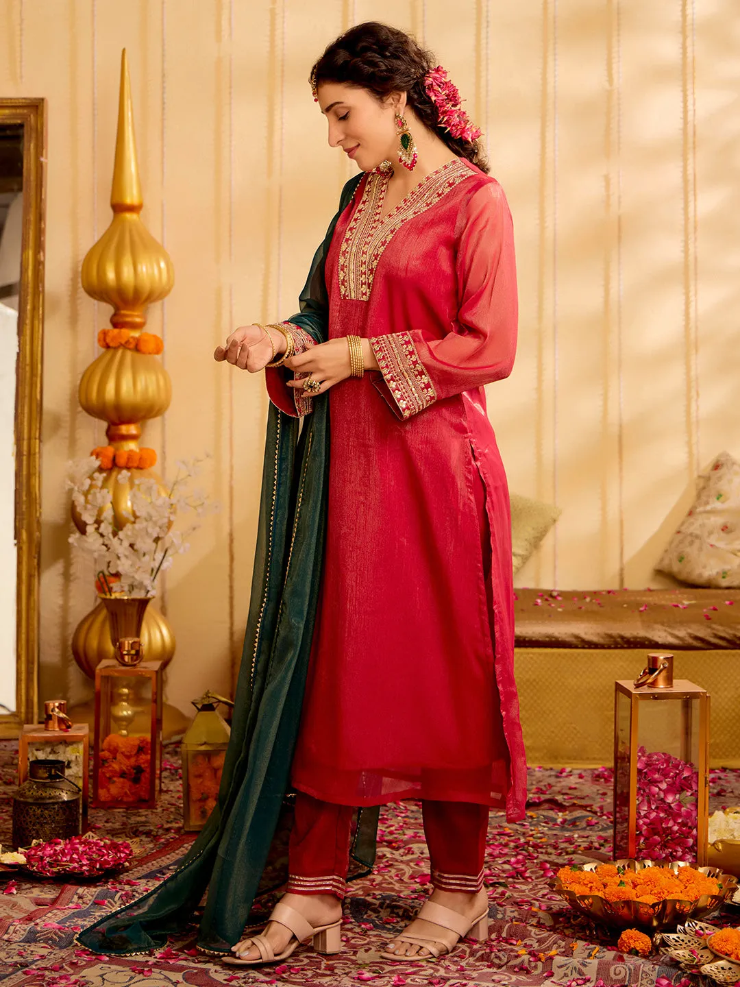 Red Zari Work Embroidered Festive Kurta Set With Dupatta