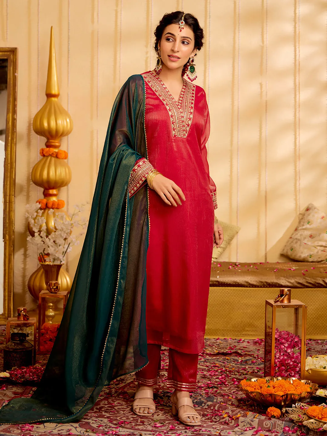 Red Zari Work Embroidered Festive Kurta Set With Dupatta