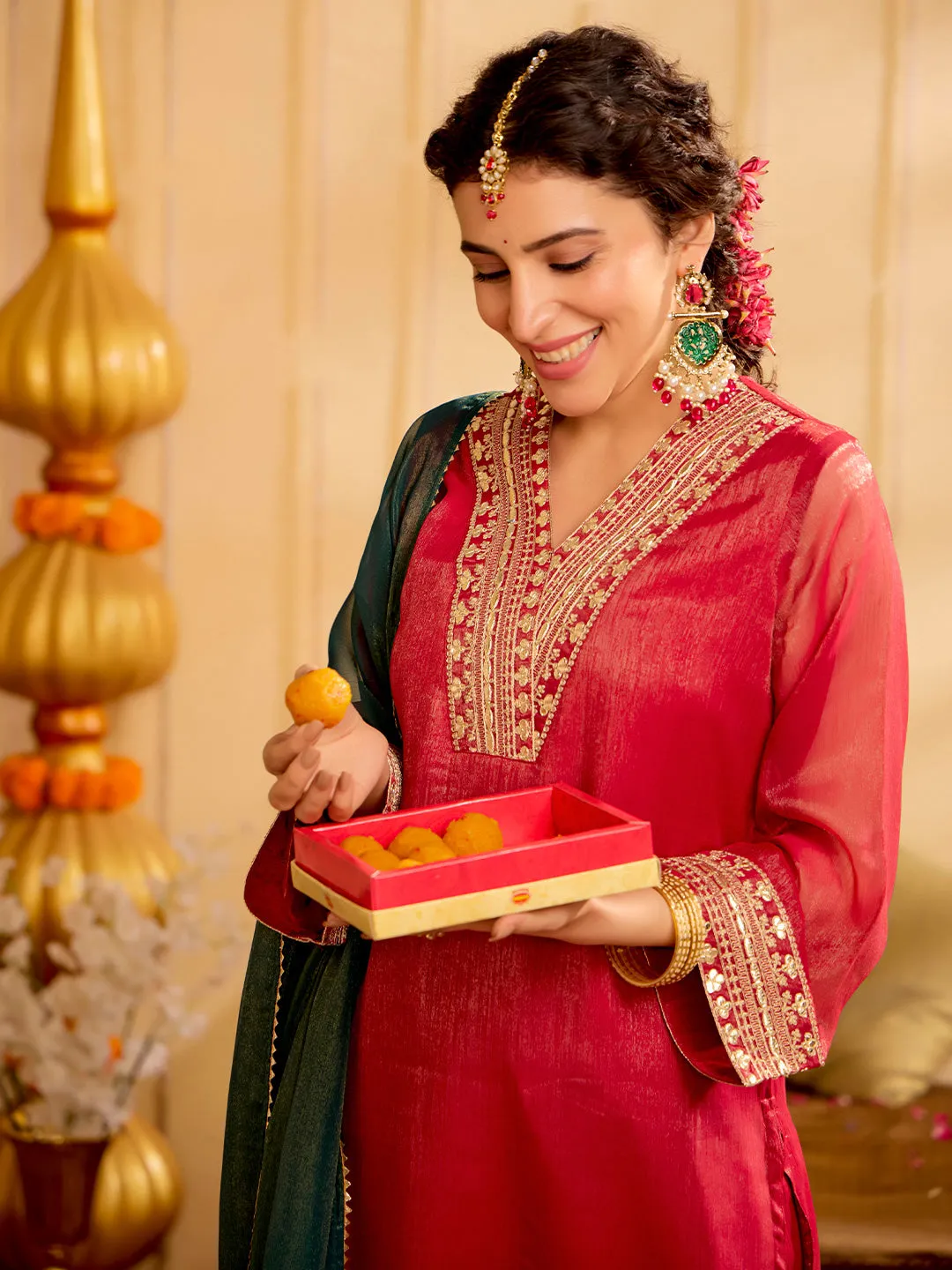 Red Zari Work Embroidered Festive Kurta Set With Dupatta