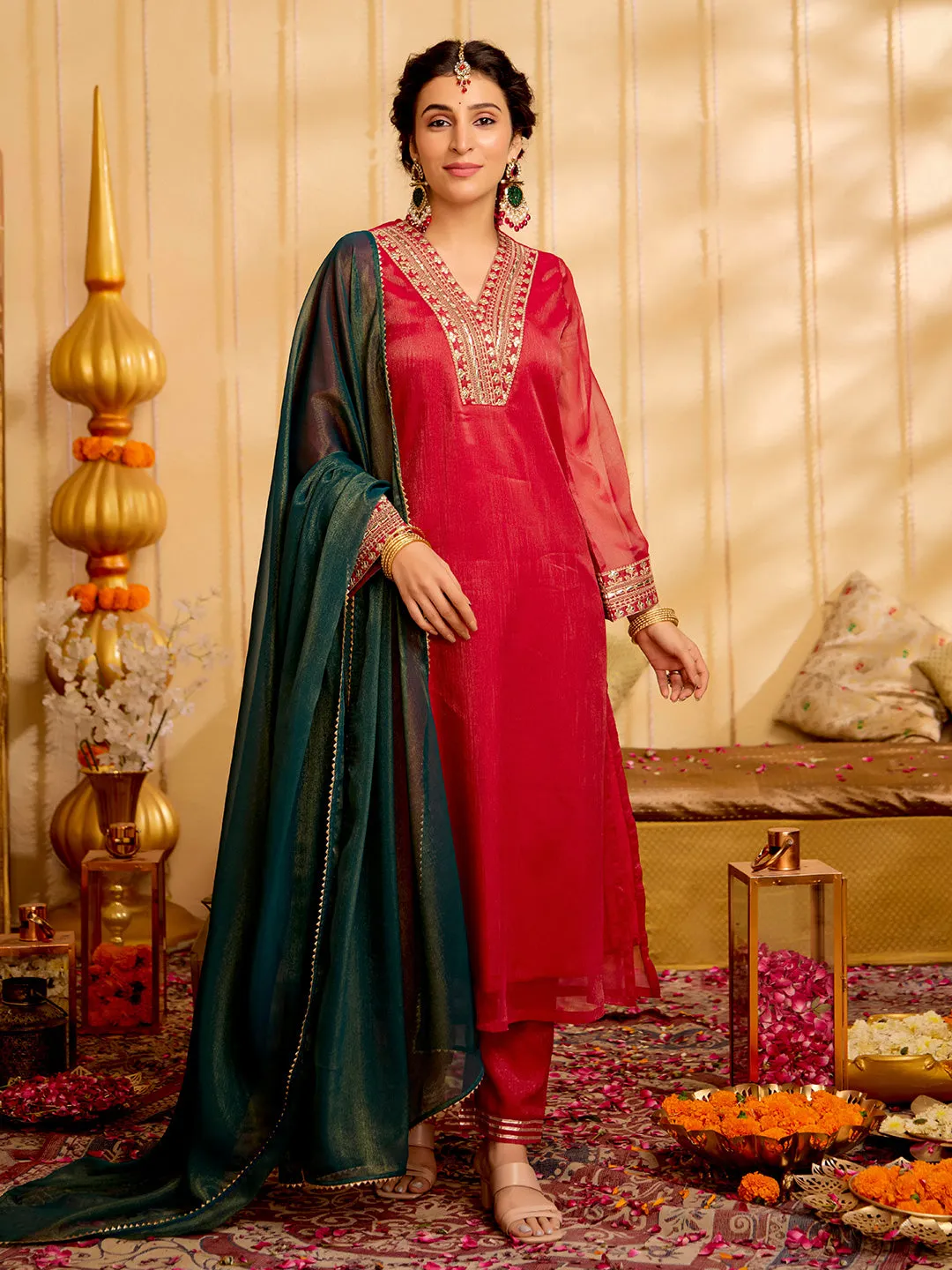Red Zari Work Embroidered Festive Kurta Set With Dupatta