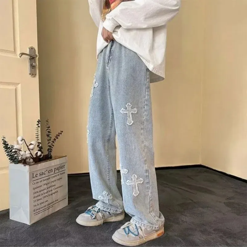 Retro Loose Fit Straight Jeans with Cross Stitch Embroidery – Casual Denim Pants in Black and Blue