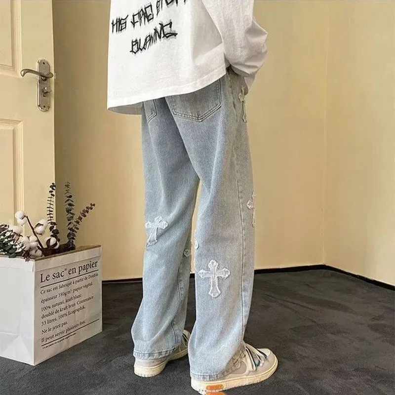 Retro Loose Fit Straight Jeans with Cross Stitch Embroidery – Casual Denim Pants in Black and Blue