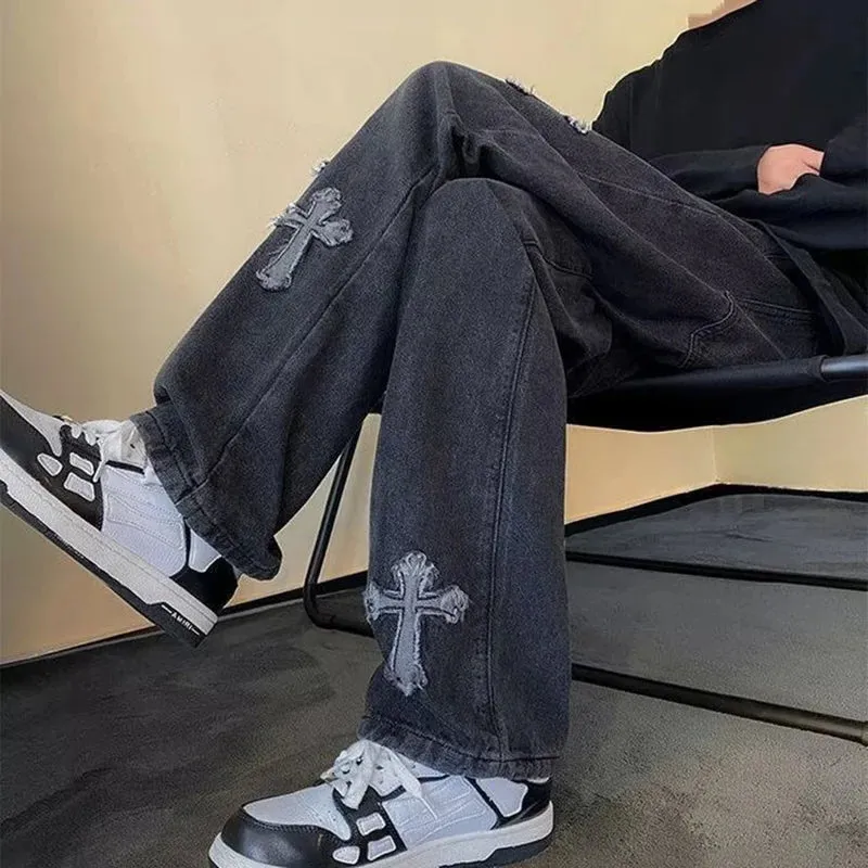 Retro Loose Fit Straight Jeans with Cross Stitch Embroidery – Casual Denim Pants in Black and Blue