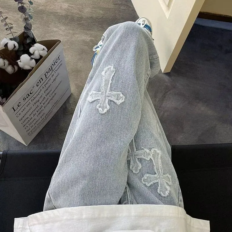 Retro Loose Fit Straight Jeans with Cross Stitch Embroidery – Casual Denim Pants in Black and Blue