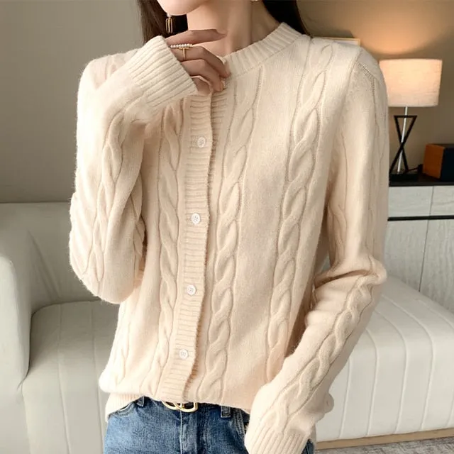 Round Neck Long Sleeve Wool Cardigan