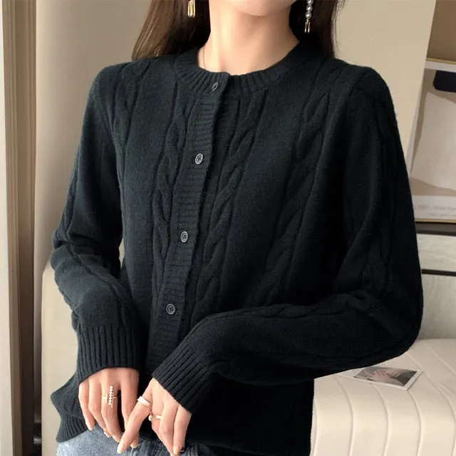 Round Neck Long Sleeve Wool Cardigan