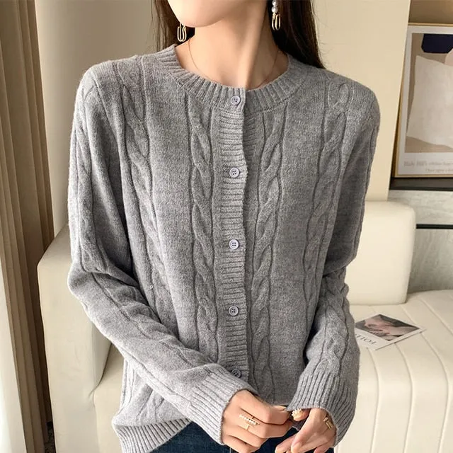 Round Neck Long Sleeve Wool Cardigan