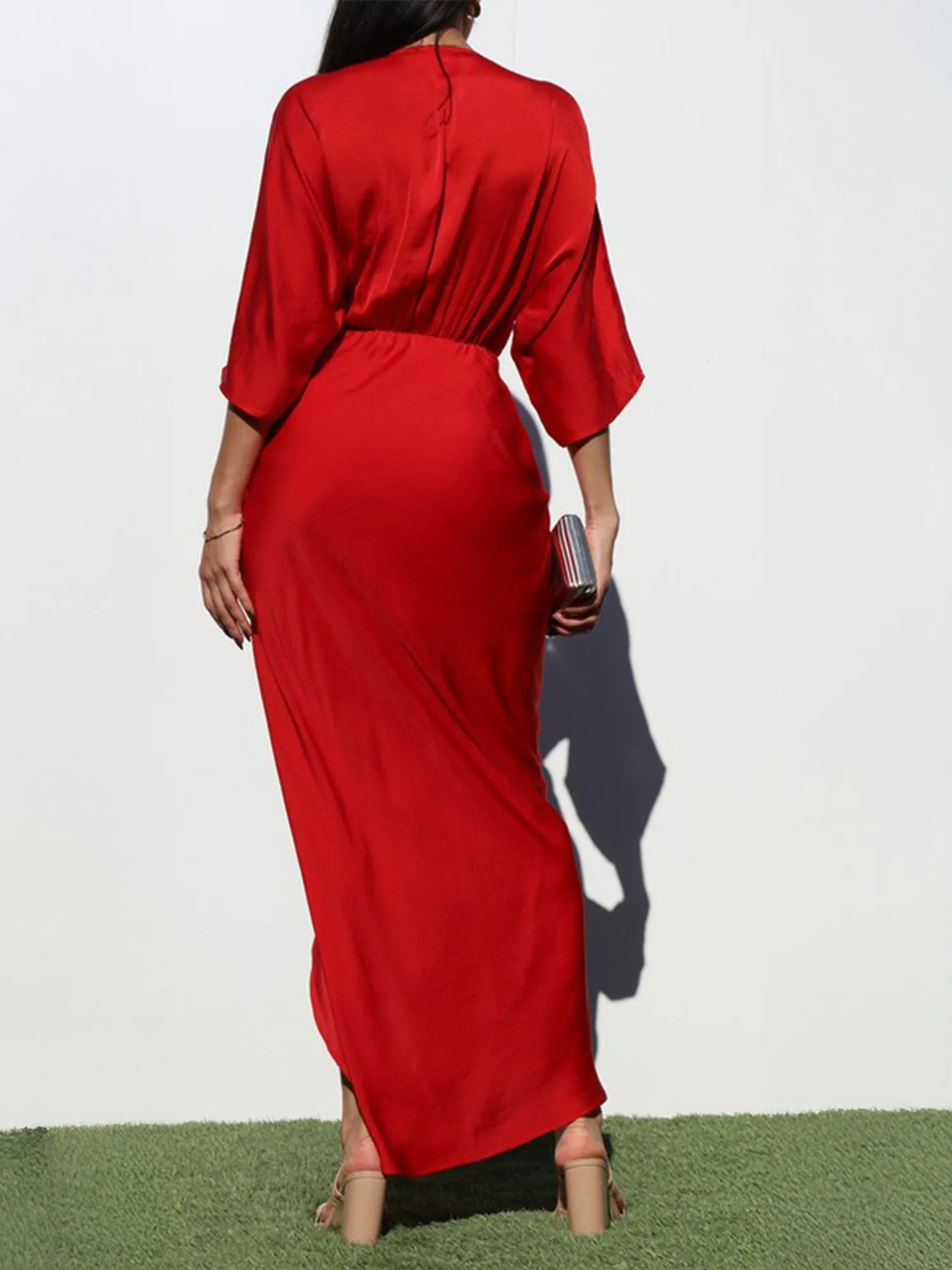 Ruched V Neck Bodycon Midi Dress