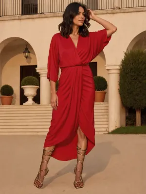 Ruched V Neck Bodycon Midi Dress