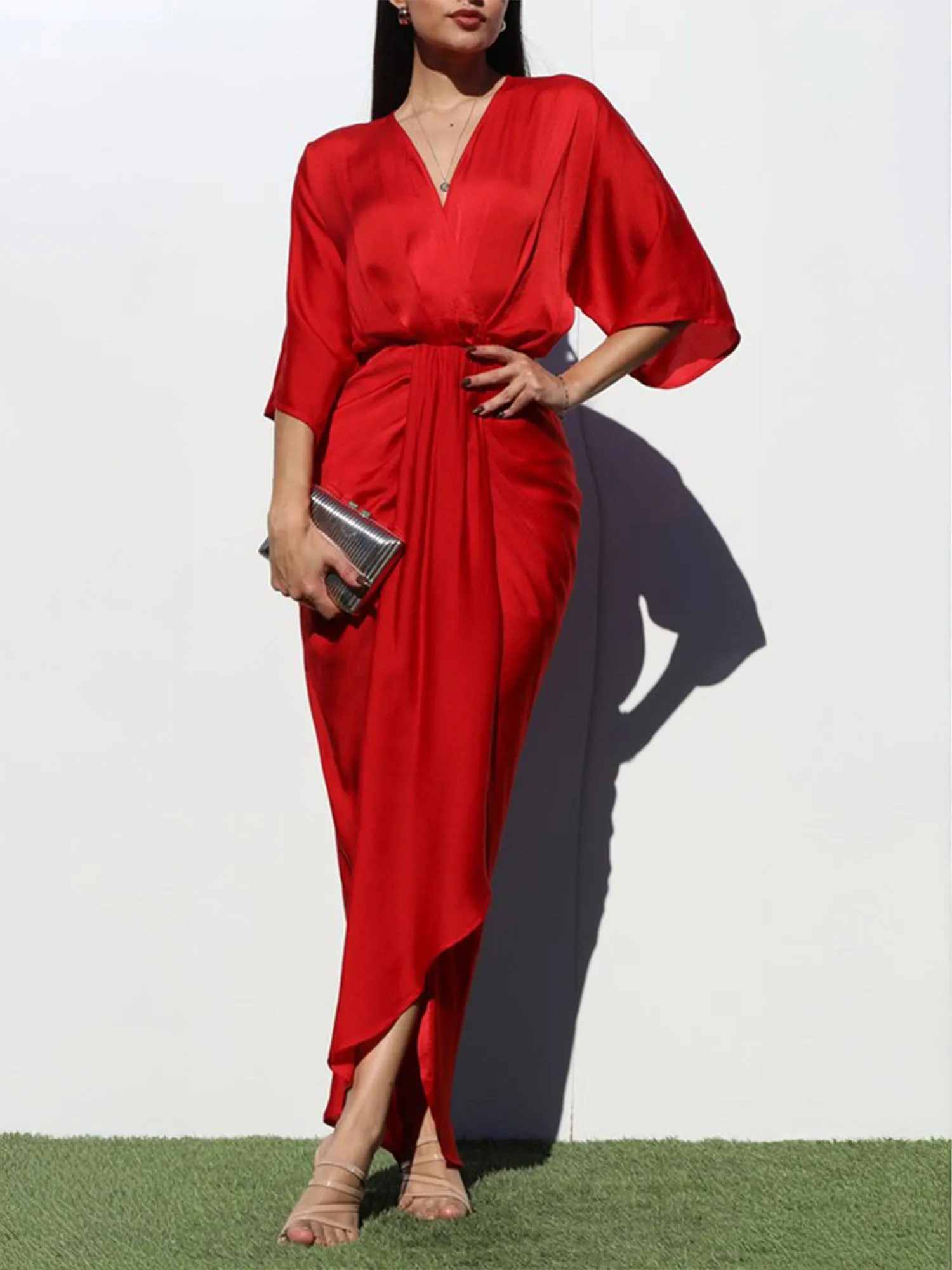 Ruched V Neck Bodycon Midi Dress