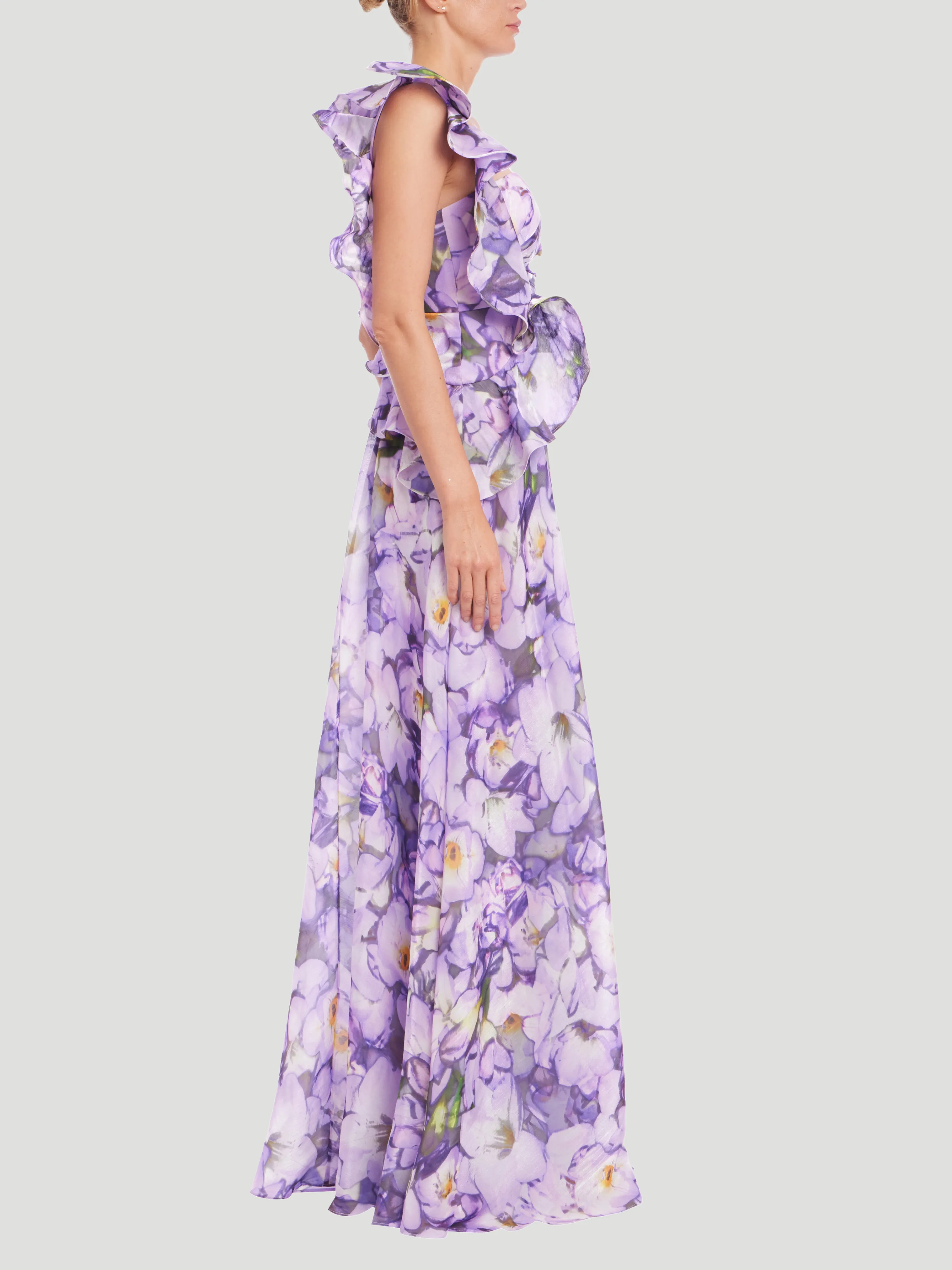 Ruffle One Shoulder Print Dress in Lilac Multi