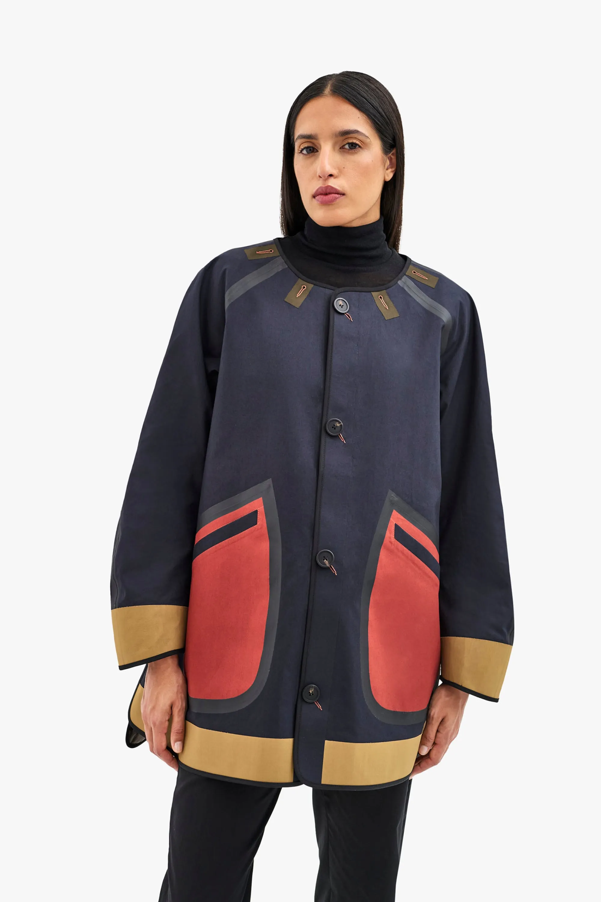 Short Bonded Patchwork Raincoat - Russett / Black