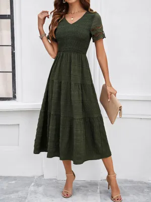 Smocked Bodice Midi Dress with Lace Trim Sleeves