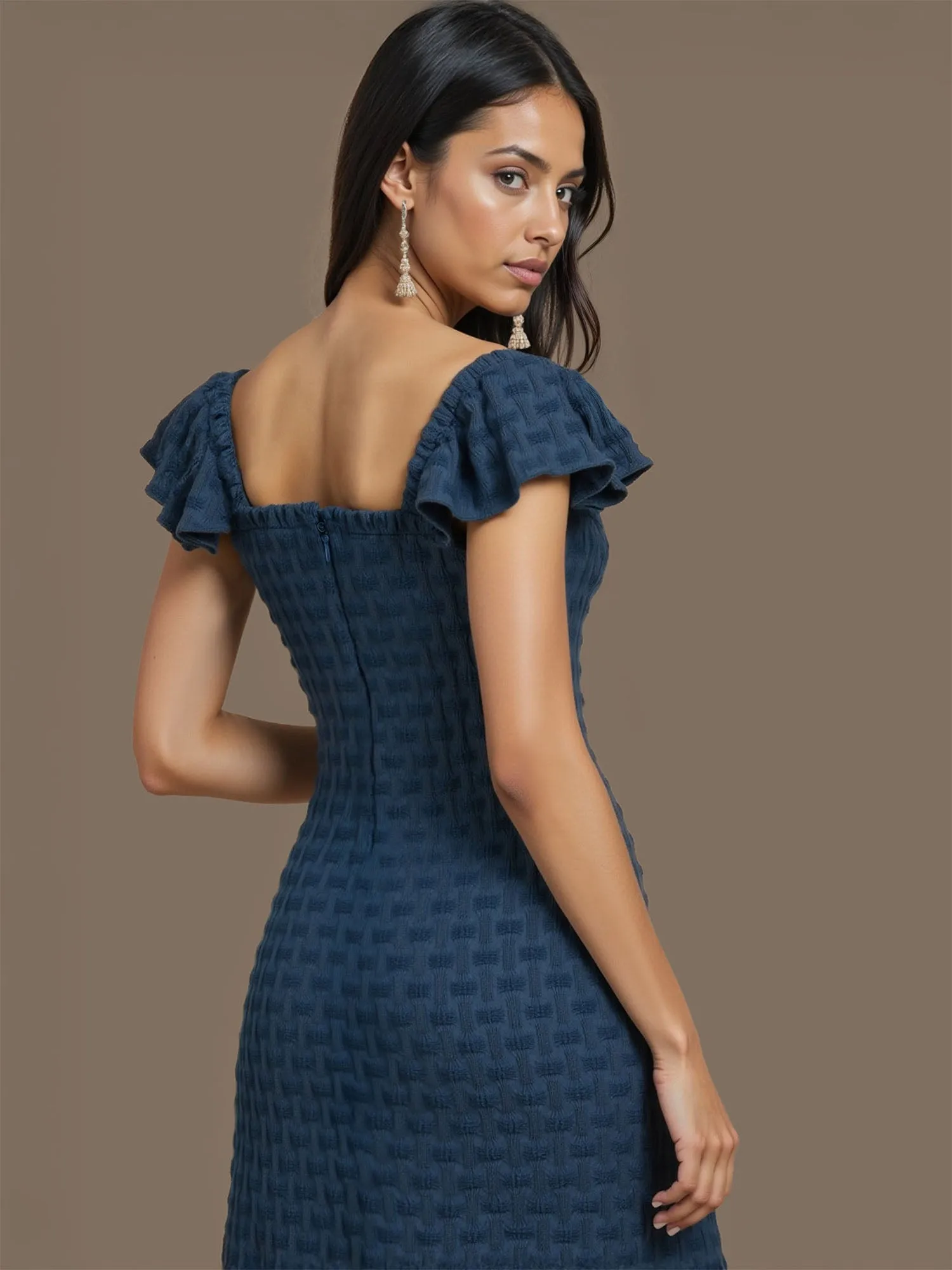 Smocked Denim Flounce Sleeve Bodycon Dress