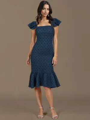 Smocked Denim Flounce Sleeve Bodycon Dress