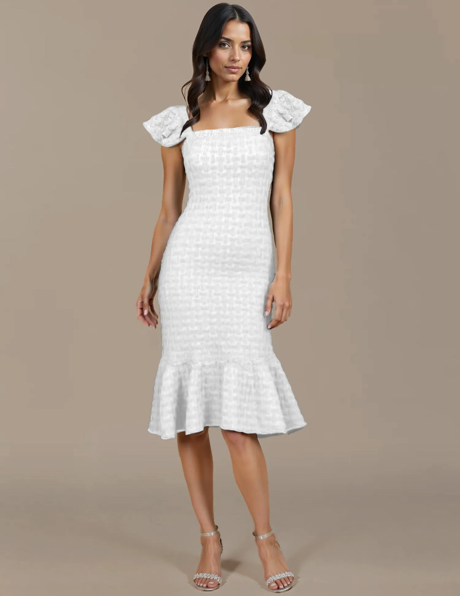 Smocked Denim Flounce Sleeve Bodycon Dress