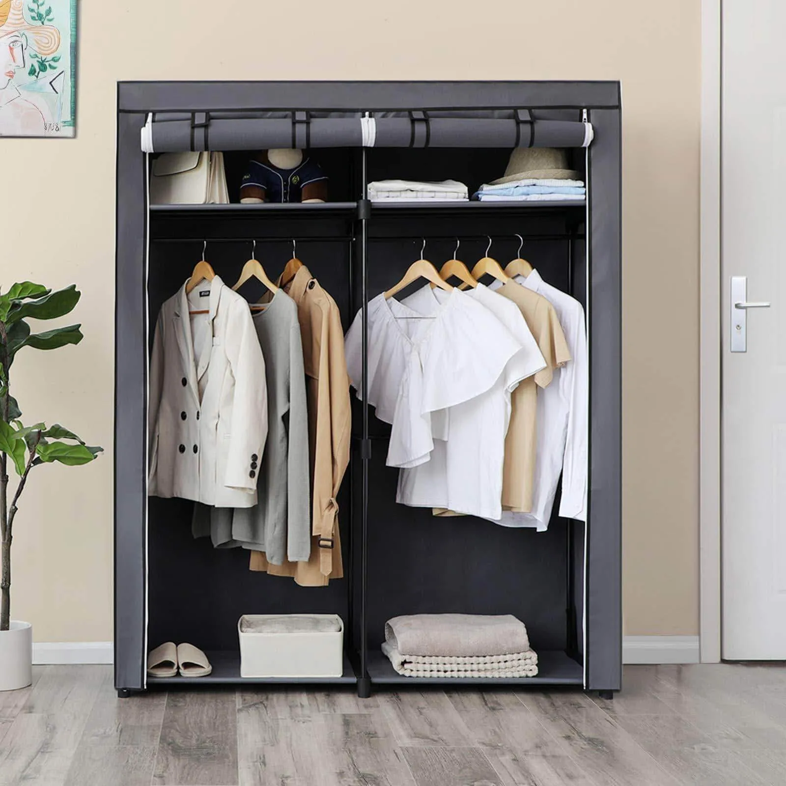SONGMICS Closet Storage Organizer, Portable Wardrobe with Hanging Rods, Clothes Rack, Foldable, Cloakroom, Study, Stable, 55.1 x 16.9 x 68.5 inches, Gray URYG02GY