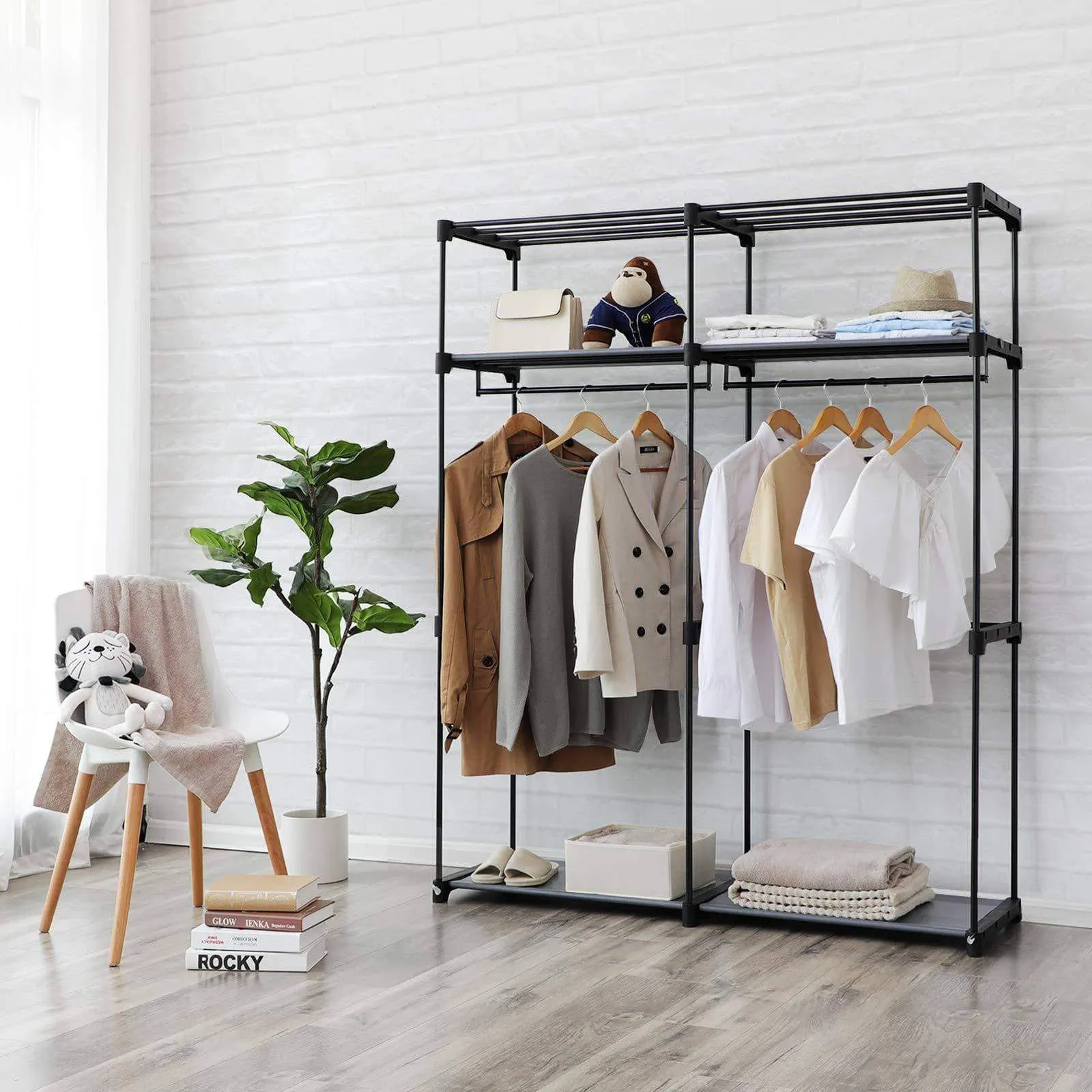 SONGMICS Closet Storage Organizer, Portable Wardrobe with Hanging Rods, Clothes Rack, Foldable, Cloakroom, Study, Stable, 55.1 x 16.9 x 68.5 inches, Gray URYG02GY