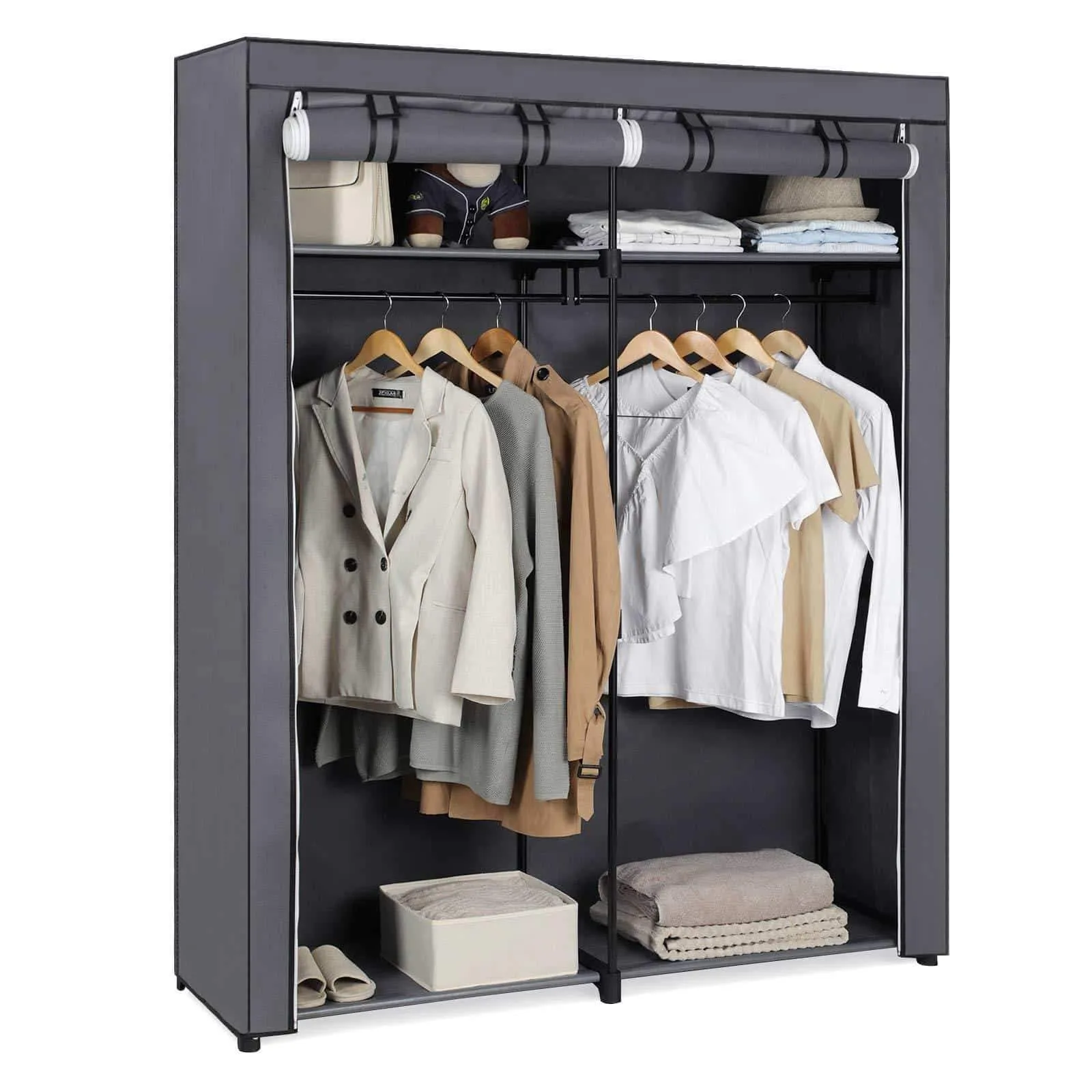 SONGMICS Closet Storage Organizer, Portable Wardrobe with Hanging Rods, Clothes Rack, Foldable, Cloakroom, Study, Stable, 55.1 x 16.9 x 68.5 inches, Gray URYG02GY