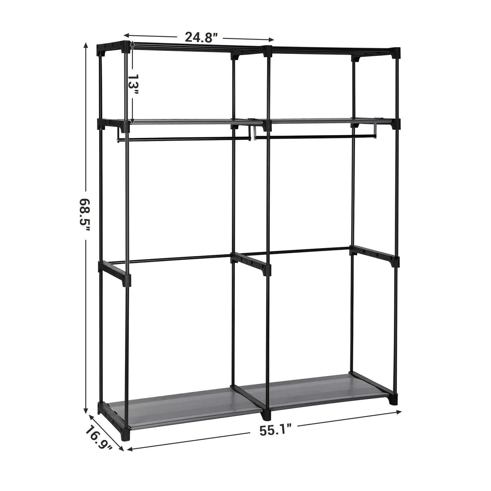 SONGMICS Closet Storage Organizer, Portable Wardrobe with Hanging Rods, Clothes Rack, Foldable, Cloakroom, Study, Stable, 55.1 x 16.9 x 68.5 inches, Gray URYG02GY