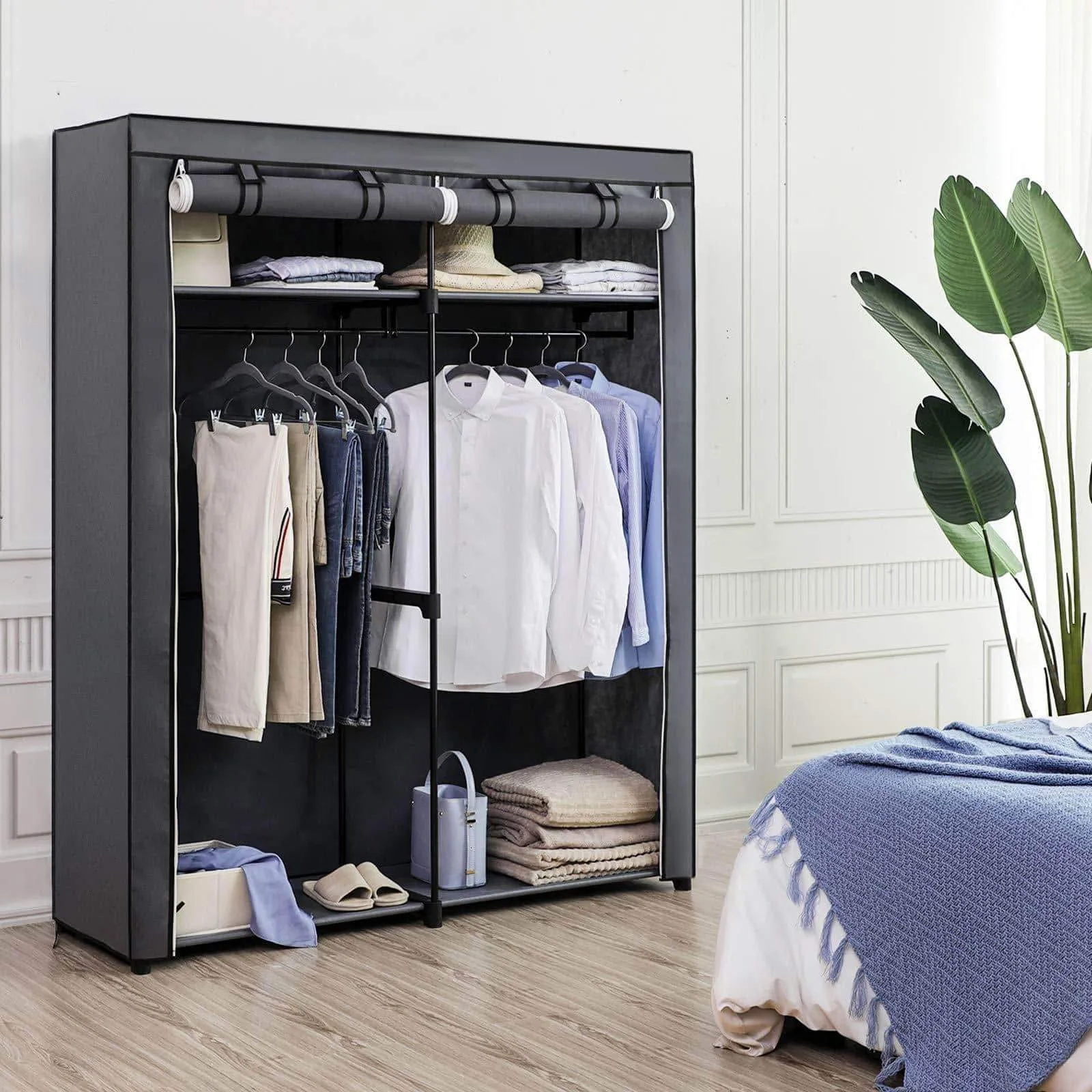 SONGMICS Closet Storage Organizer, Portable Wardrobe with Hanging Rods, Clothes Rack, Foldable, Cloakroom, Study, Stable, 55.1 x 16.9 x 68.5 inches, Gray URYG02GY