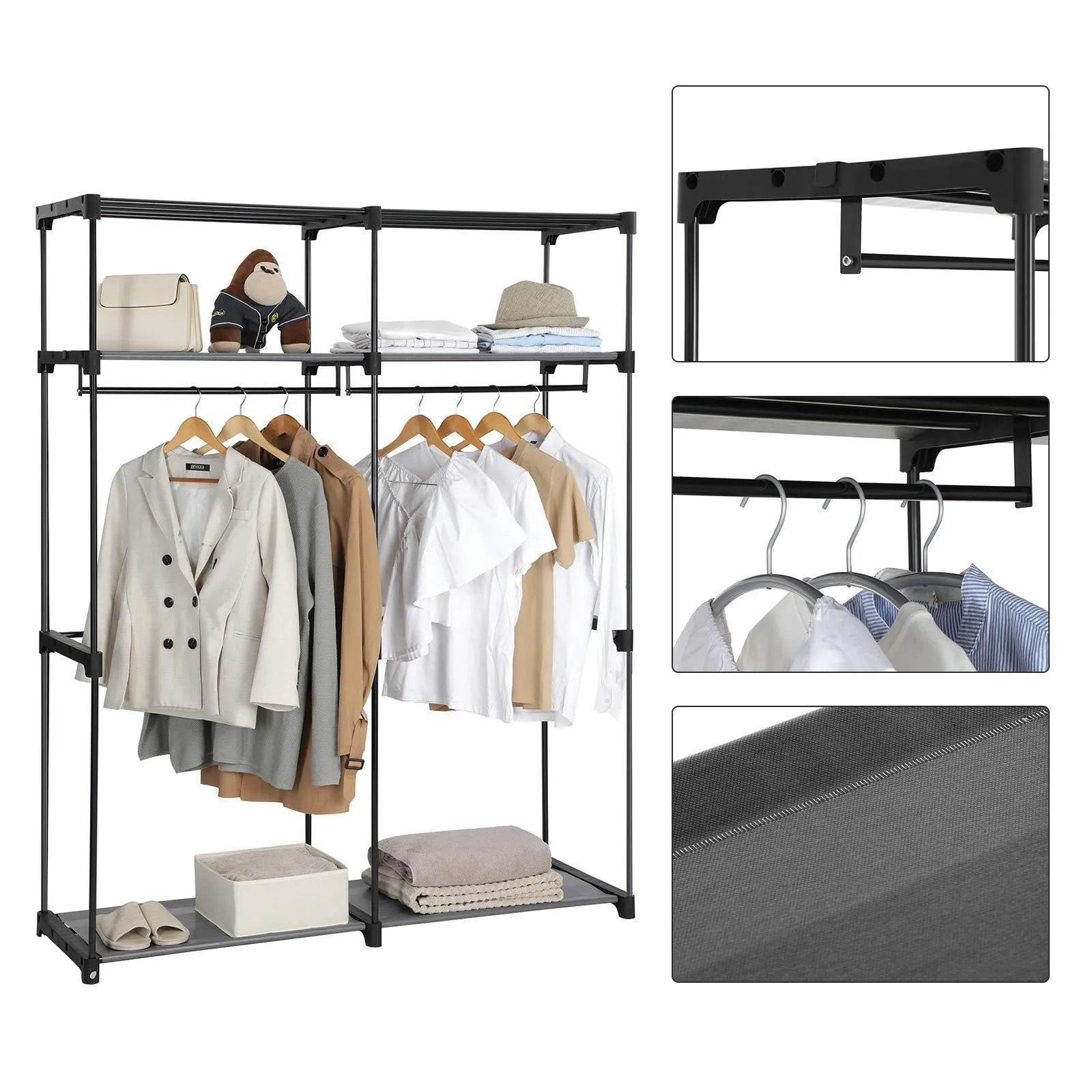SONGMICS Closet Storage Organizer, Portable Wardrobe with Hanging Rods, Clothes Rack, Foldable, Cloakroom, Study, Stable, 55.1 x 16.9 x 68.5 inches, Gray URYG02GY