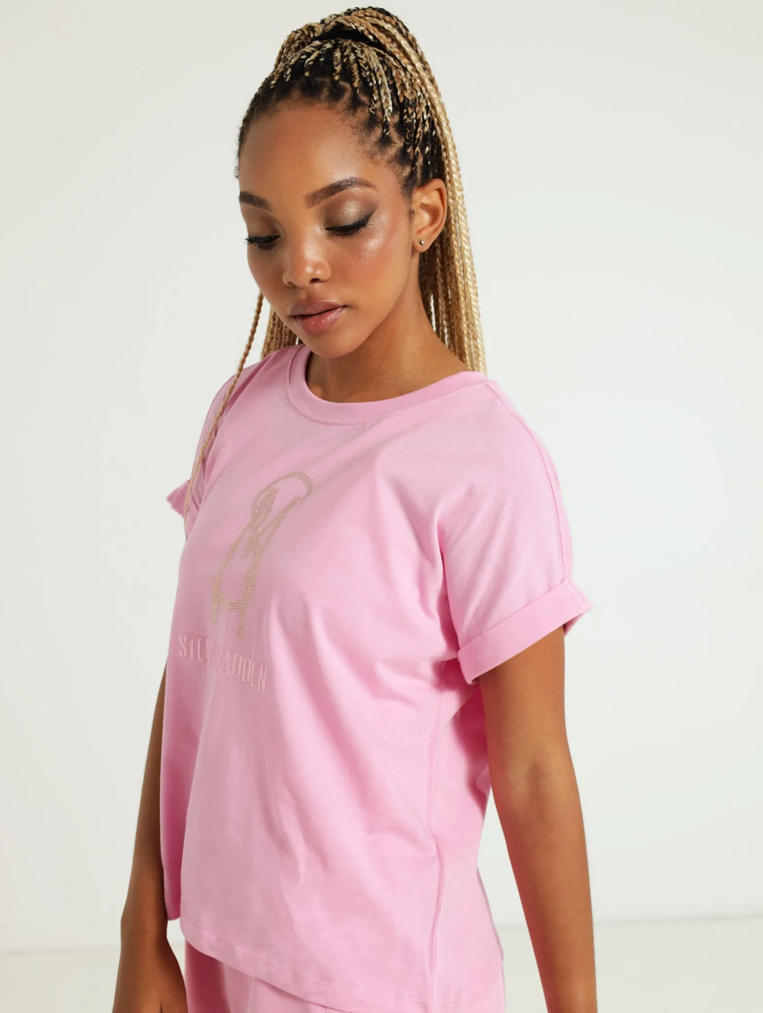 Sophia Boxy Crystal Logo Tee - Light Pink