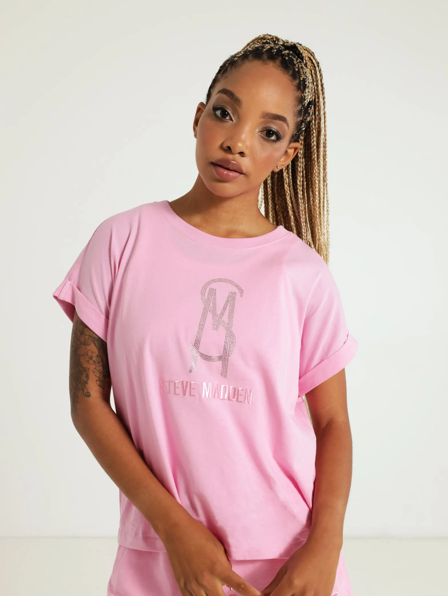Sophia Boxy Crystal Logo Tee - Light Pink