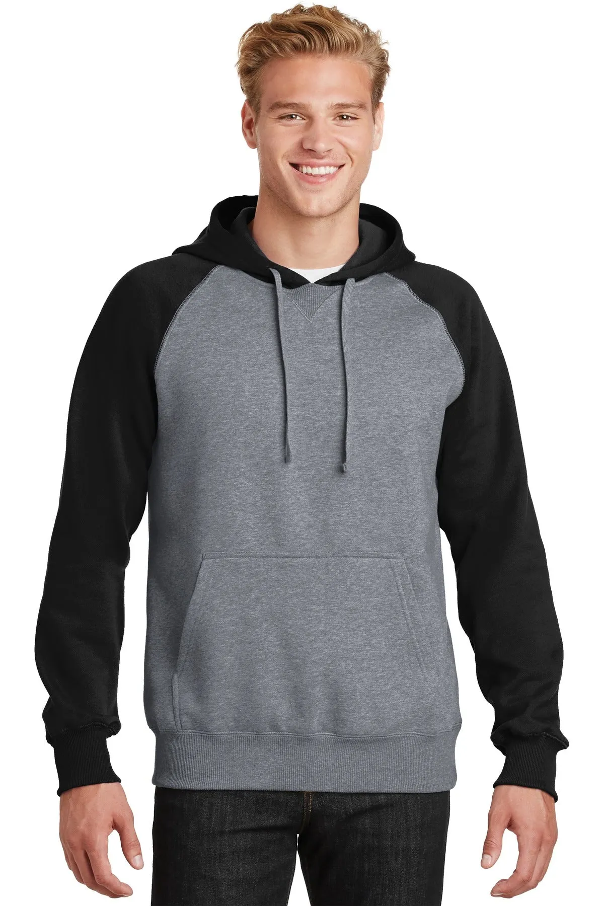 Sport-Tek Raglan Colorblock Pullover Hooded Sweatshirt. ST267 Black/ Vintage Heather