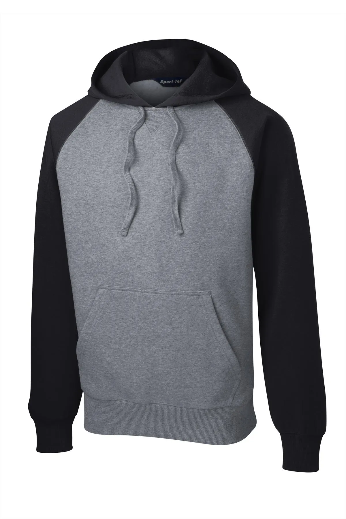 Sport-Tek Raglan Colorblock Pullover Hooded Sweatshirt. ST267 Black/ Vintage Heather