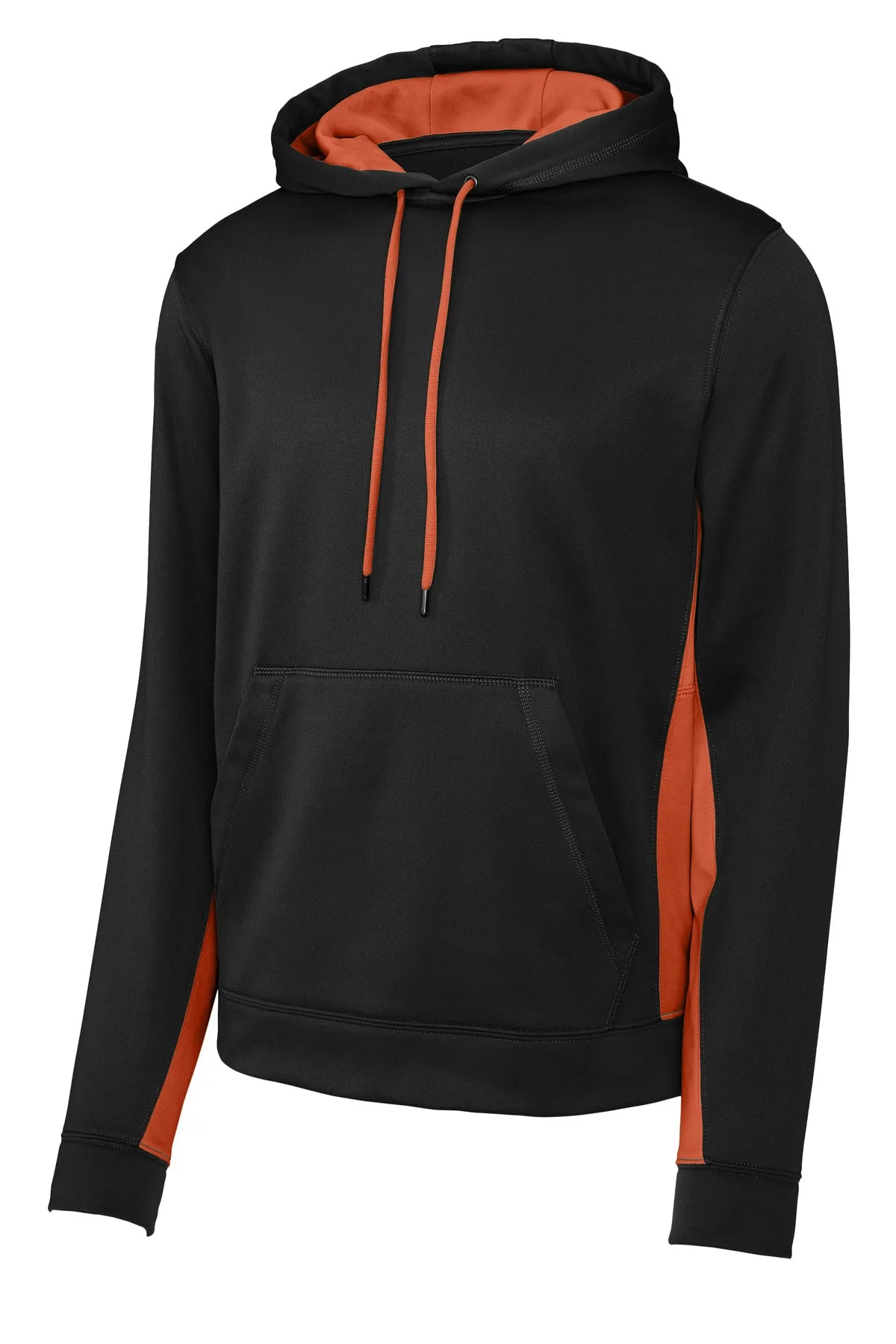 Sport-Tek Sport-Wick Fleece Colorblock Hooded Pullover. ST235 Black/ Deep Orange