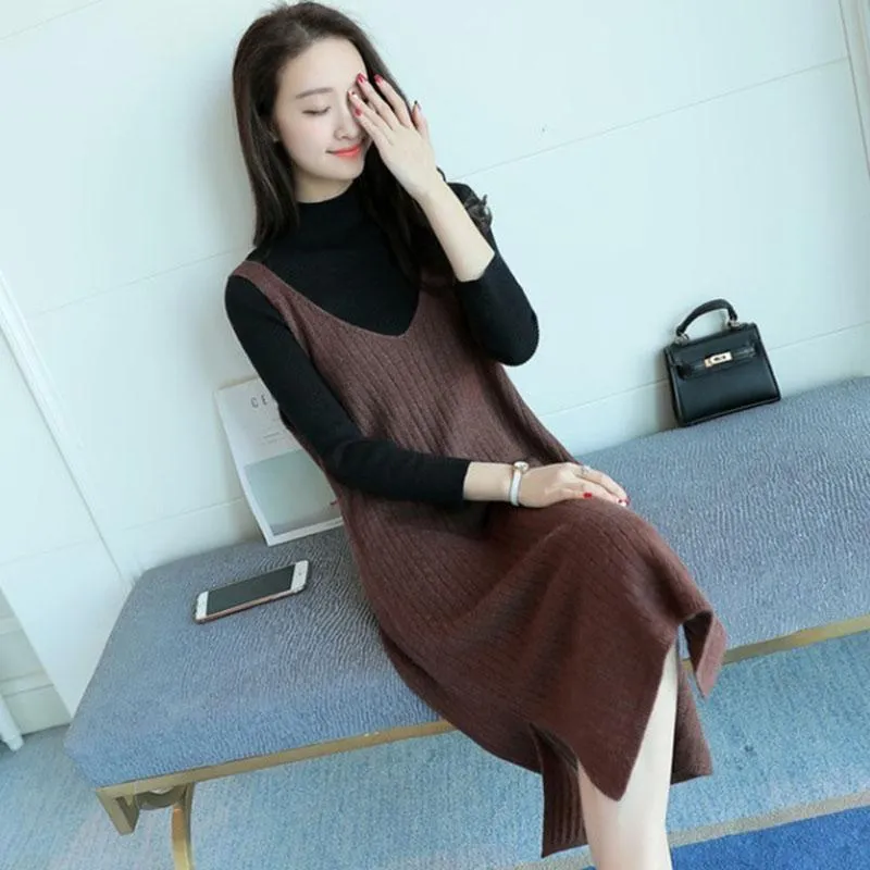Spring and Autumn Loose Sleeveless Vest Pullover V-neck Mid-length Suspender Skirt Fashion Simple Female Suspender Skirt