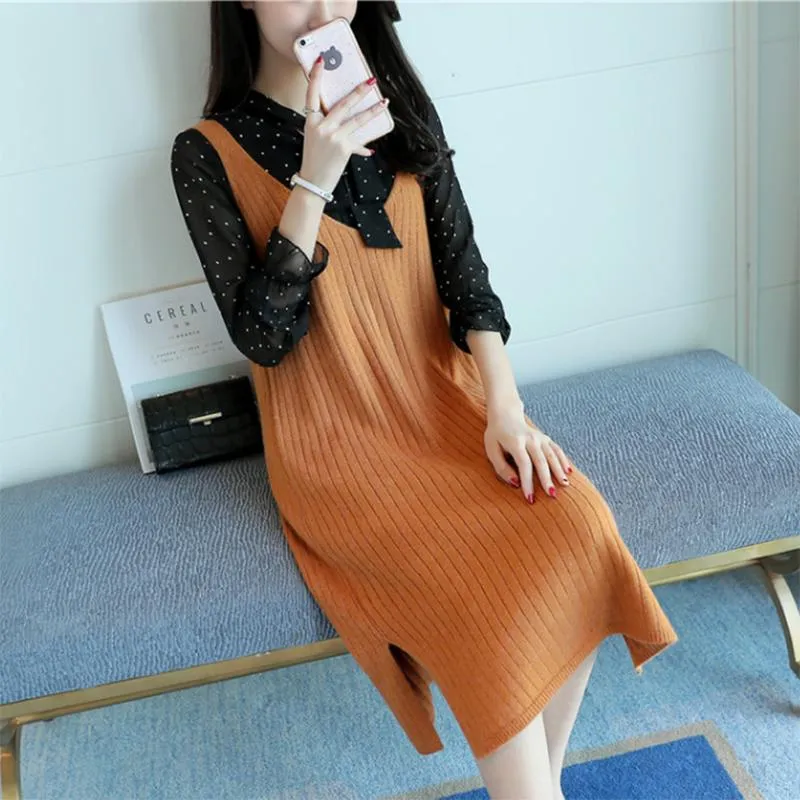 Spring and Autumn Loose Sleeveless Vest Pullover V-neck Mid-length Suspender Skirt Fashion Simple Female Suspender Skirt
