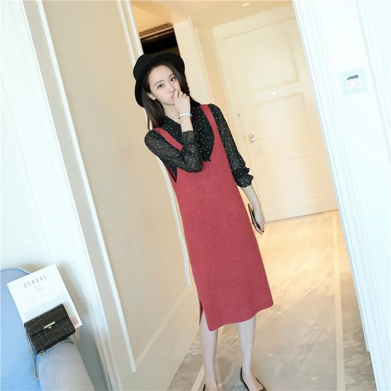 Spring and Autumn Loose Sleeveless Vest Pullover V-neck Mid-length Suspender Skirt Fashion Simple Female Suspender Skirt