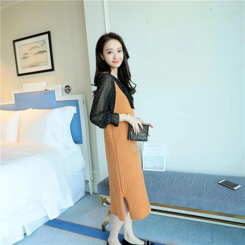 Spring and Autumn Loose Sleeveless Vest Pullover V-neck Mid-length Suspender Skirt Fashion Simple Female Suspender Skirt