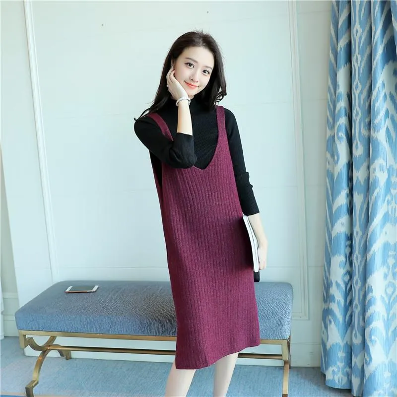 Spring and Autumn Loose Sleeveless Vest Pullover V-neck Mid-length Suspender Skirt Fashion Simple Female Suspender Skirt