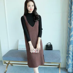 Spring and Autumn Loose Sleeveless Vest Pullover V-neck Mid-length Suspender Skirt Fashion Simple Female Suspender Skirt