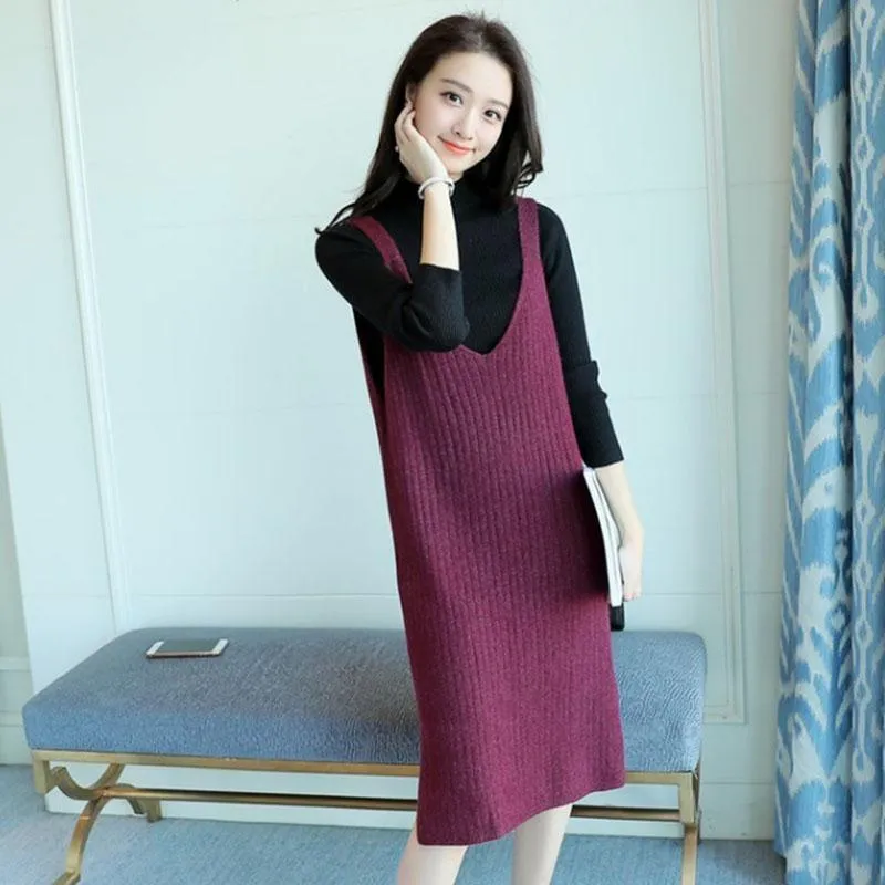 Spring and Autumn Loose Sleeveless Vest Pullover V-neck Mid-length Suspender Skirt Fashion Simple Female Suspender Skirt