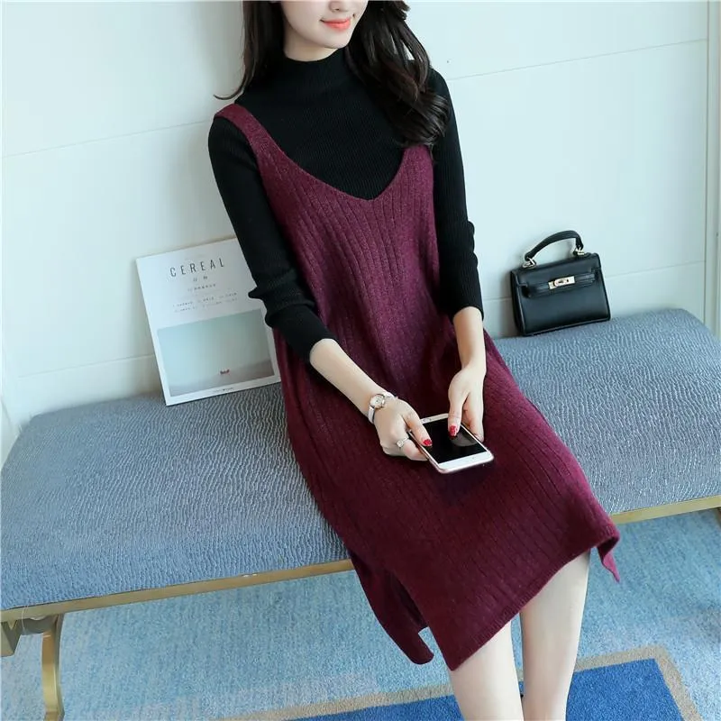 Spring and Autumn Loose Sleeveless Vest Pullover V-neck Mid-length Suspender Skirt Fashion Simple Female Suspender Skirt