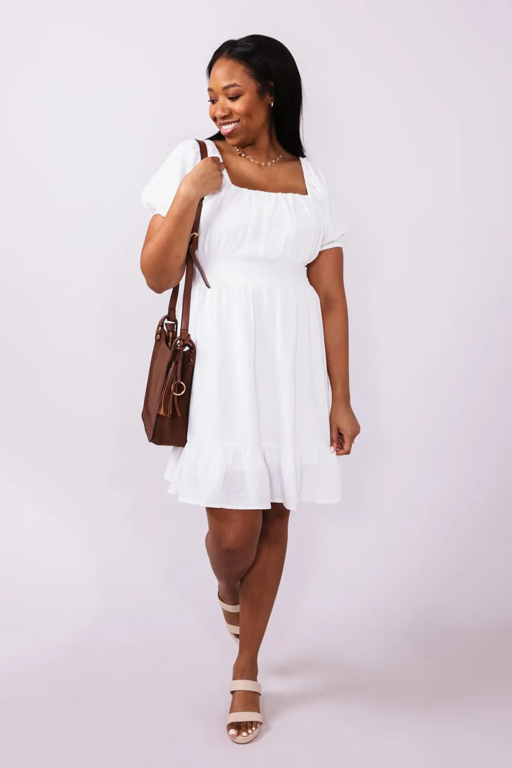 Square Neck Waist Tie Dress for Women in White | M43294-IRY
