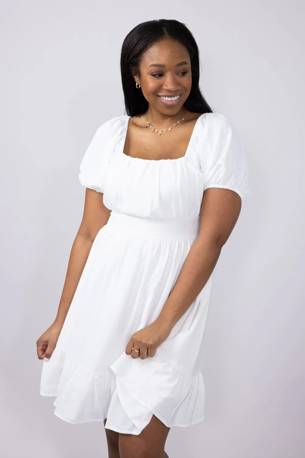 Square Neck Waist Tie Dress for Women in White | M43294-IRY