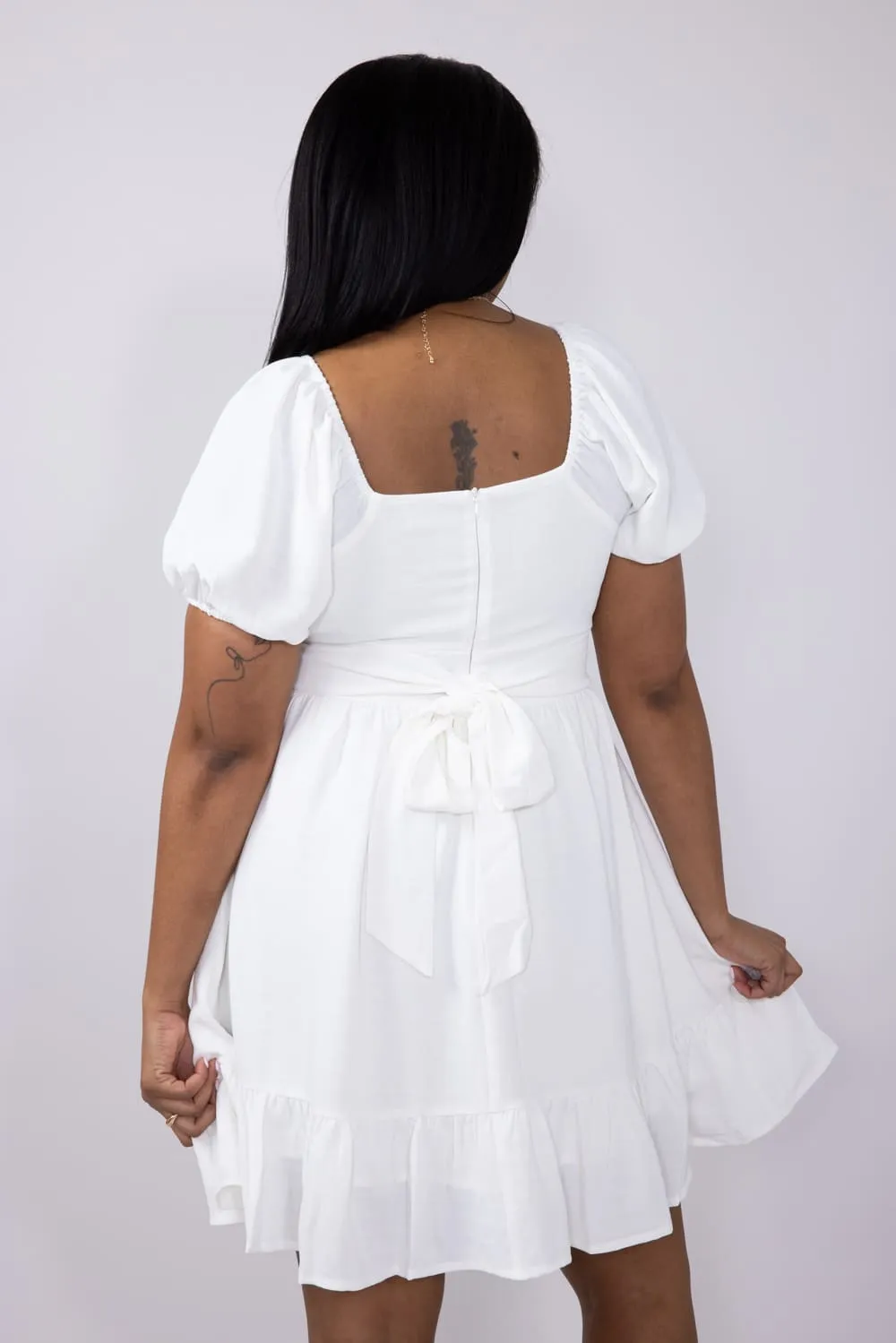 Square Neck Waist Tie Dress for Women in White | M43294-IRY