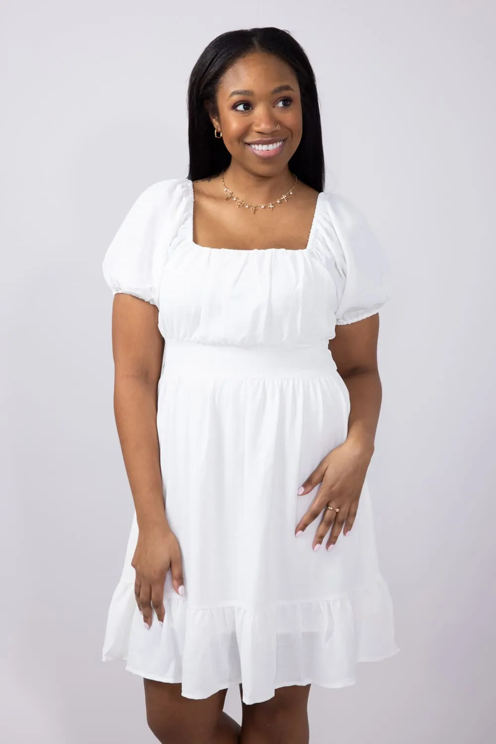 Square Neck Waist Tie Dress for Women in White | M43294-IRY
