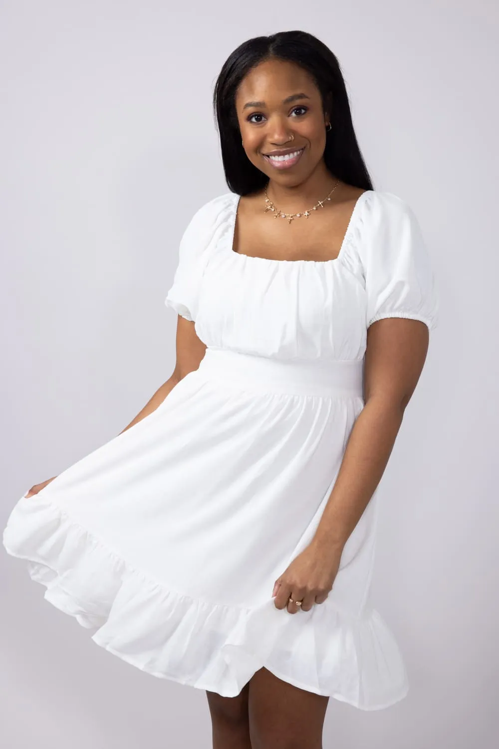 Square Neck Waist Tie Dress for Women in White | M43294-IRY