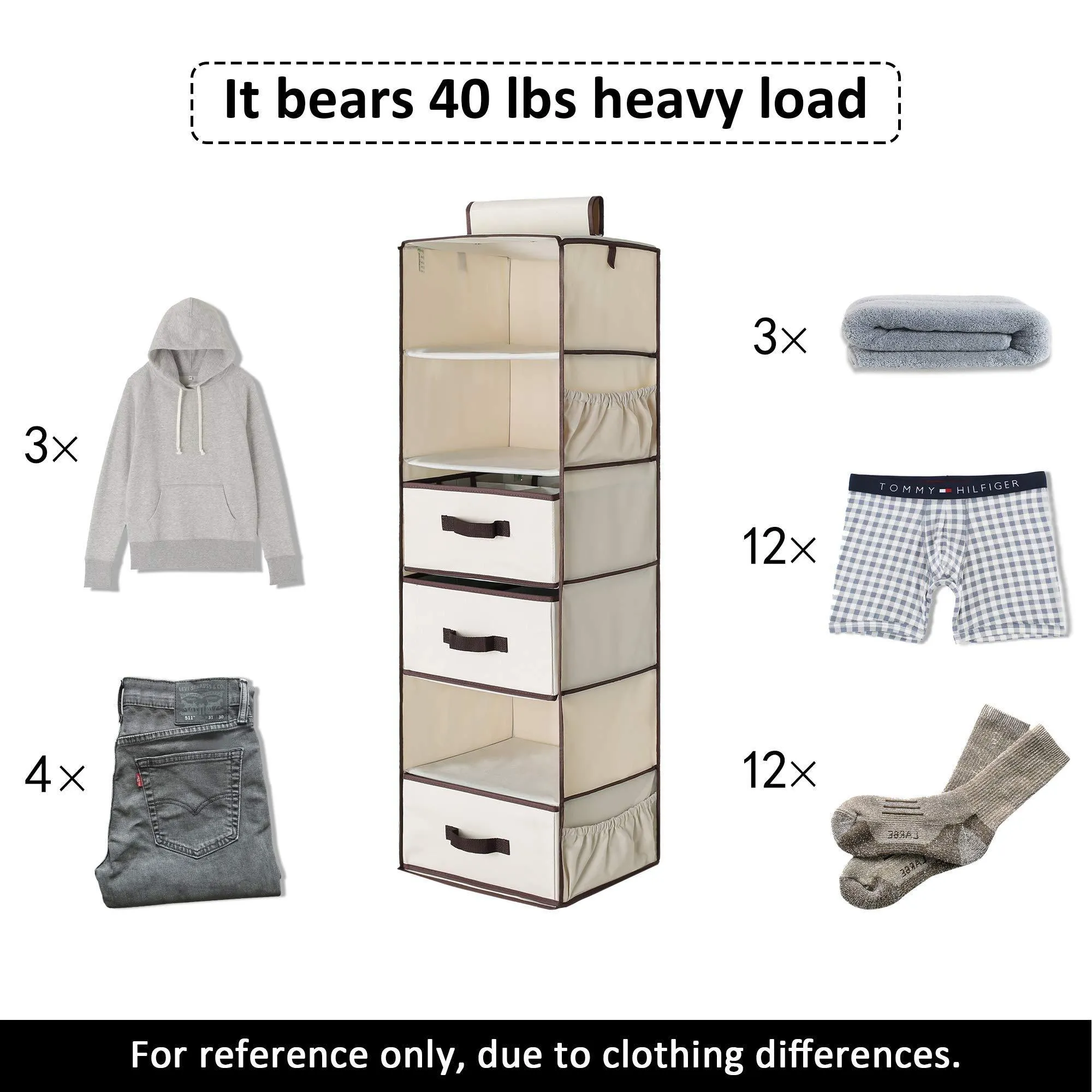 StorageWorks 6-Shelf Hanging Dresser, Foldable Closet Hanging Shelves with 2 Magic Drawers & 1 Underwear/Socks Drawer, 42.5"H x 13.6"W x 12.2"D