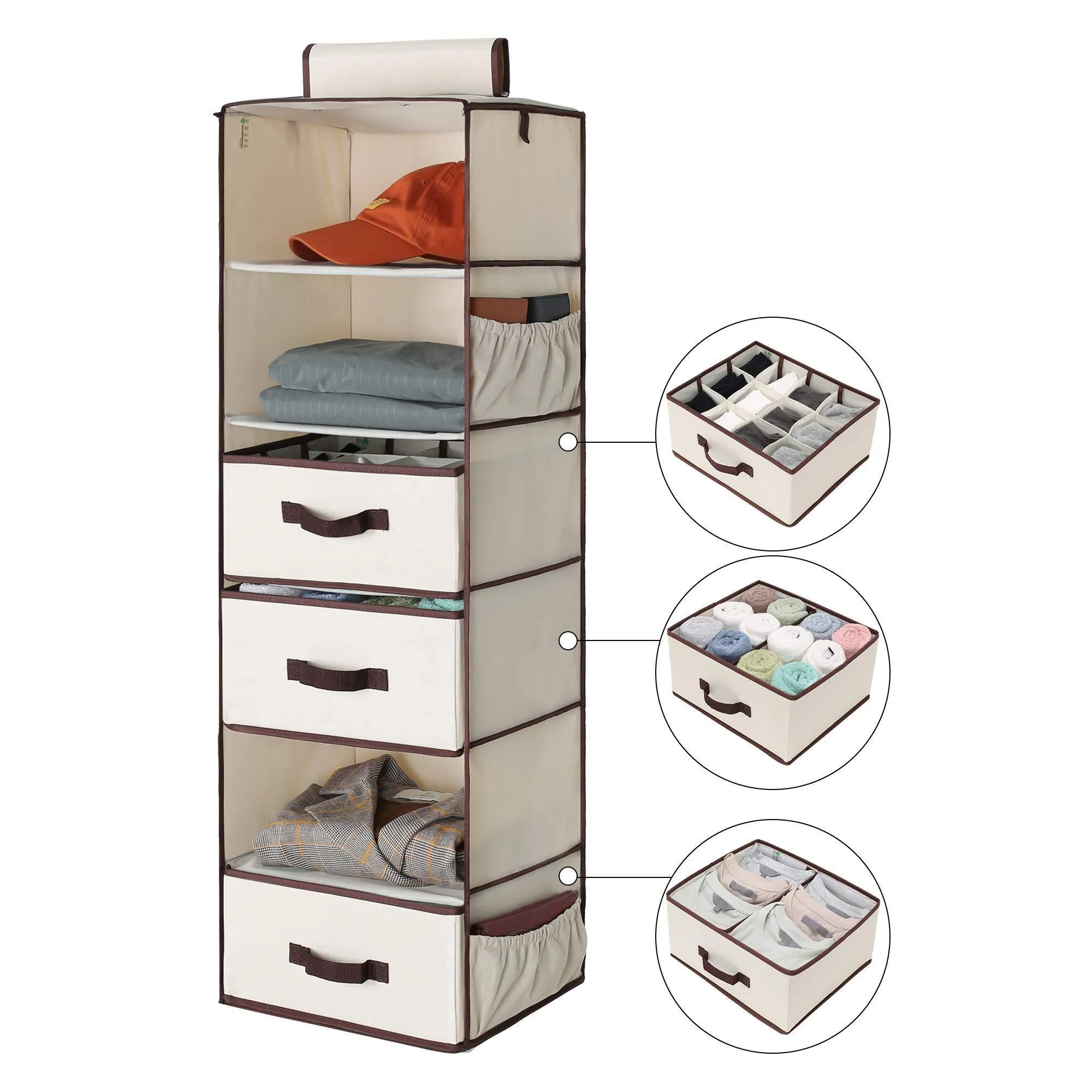 StorageWorks 6-Shelf Hanging Dresser, Foldable Closet Hanging Shelves with 2 Magic Drawers & 1 Underwear/Socks Drawer, 42.5"H x 13.6"W x 12.2"D