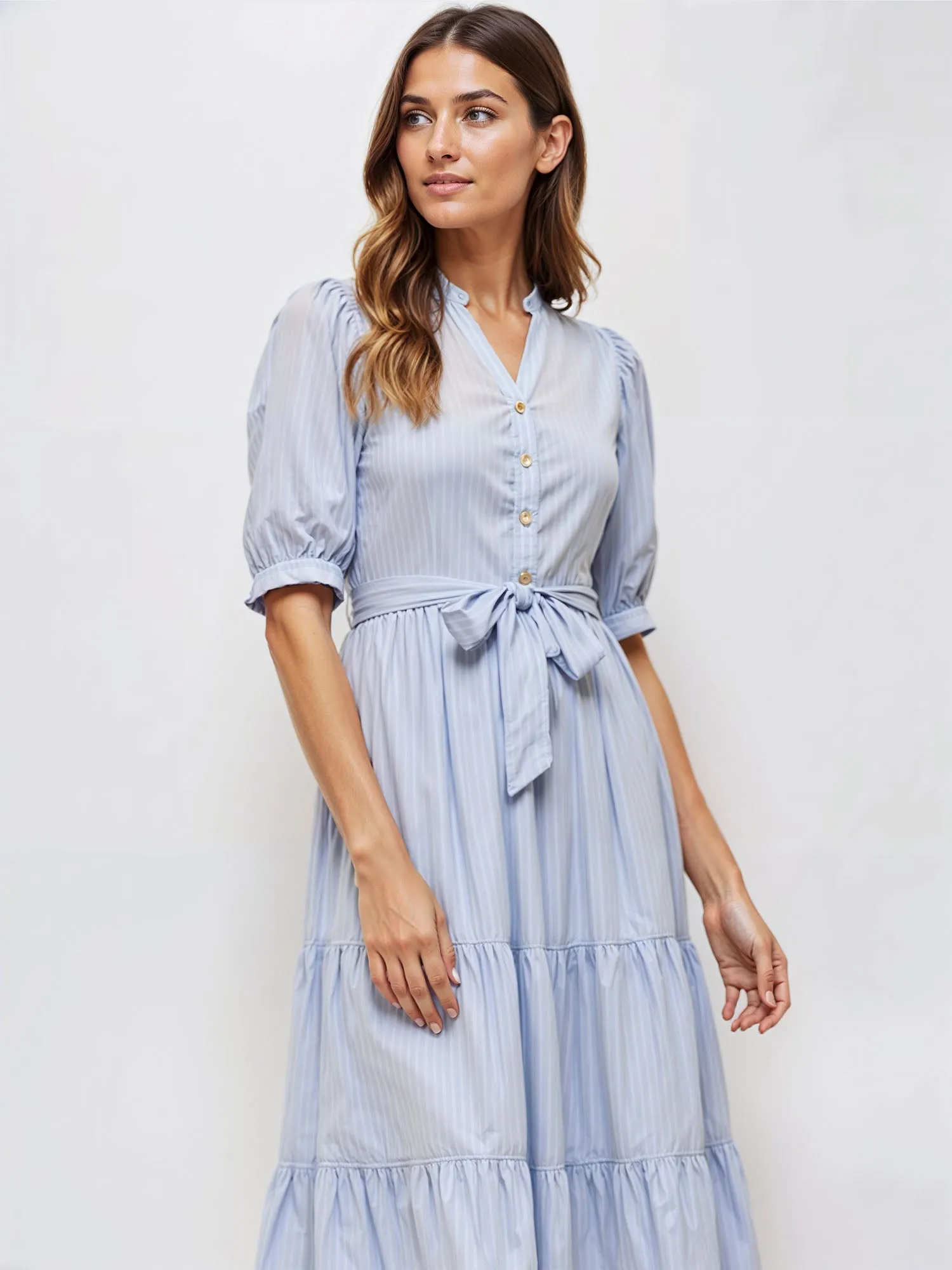 Stripe Tiered V Neck Fit Flare Maxi Dress
