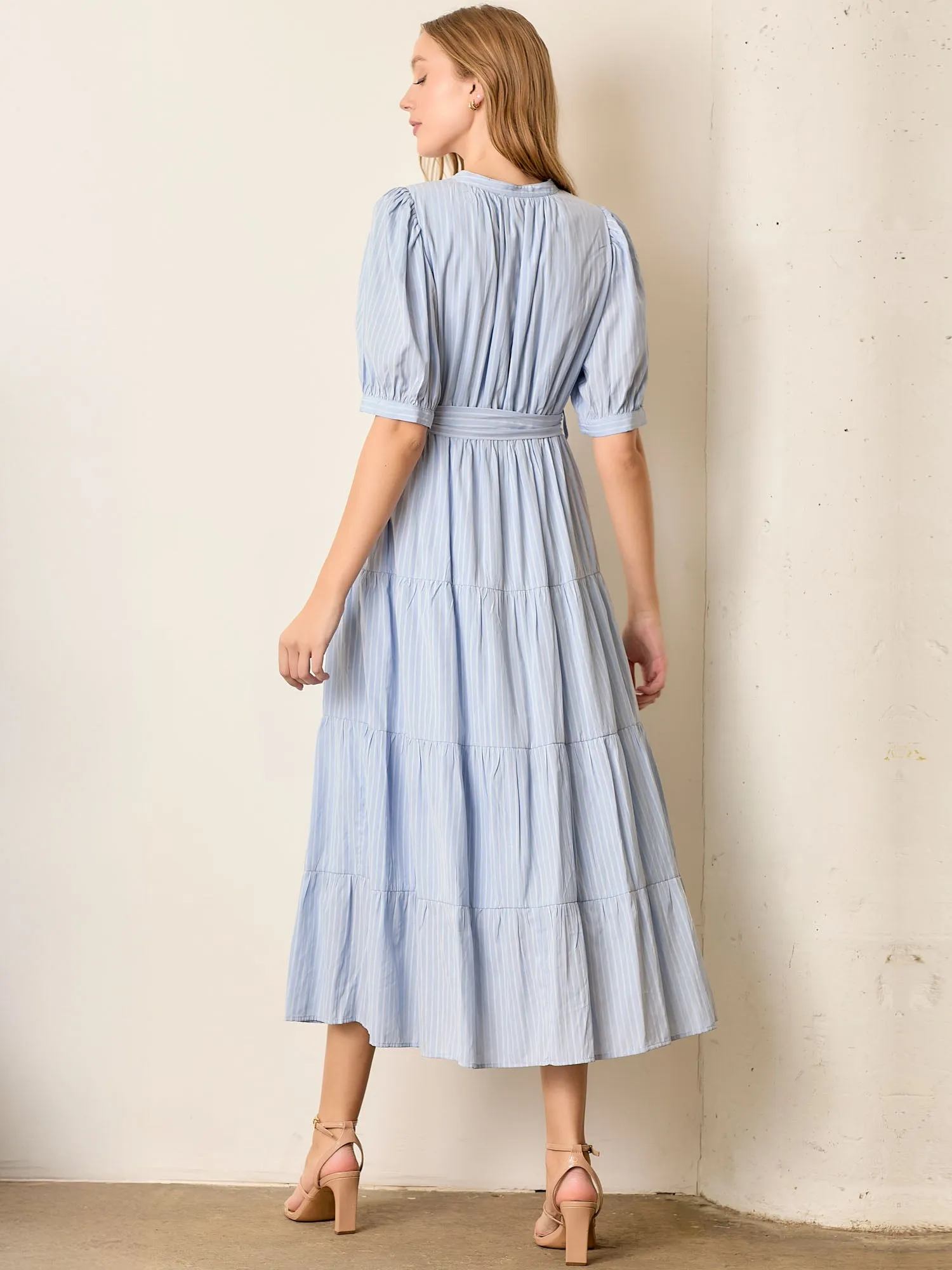 Stripe Tiered V Neck Fit Flare Maxi Dress