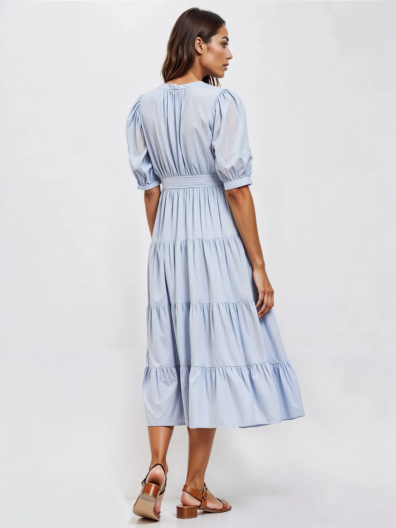 Stripe Tiered V Neck Fit Flare Maxi Dress